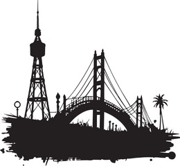 Cityscape silhouette illustration with bridge tower and palm vector design art icon