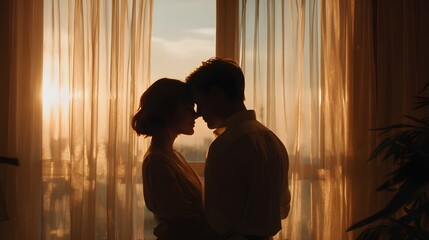 Romantic Couple Standing Close Together by Window at Sunset