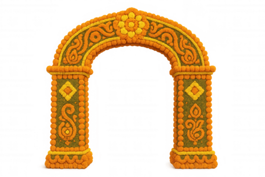 Indian marigold archway decorated with traditional floral rangoli designs, celebrating diwali or hindu festivals on a transparent background