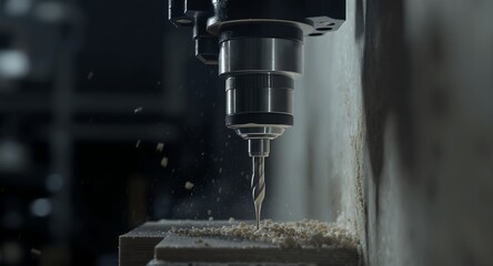 Precision Drilling Machine Spindle Engages Wood Material Creating Sawdust