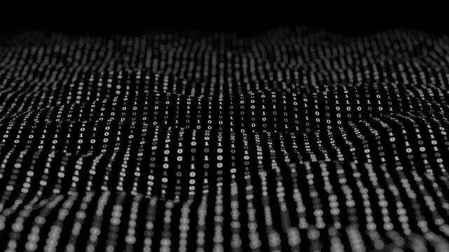 Flowing Binary Code on Wavy Landscape. For Quantum computing, Artificial Intelligence Networks, Machine Learning  and Cybersecurity. Seamless loop background. Created using non-AI 3d software