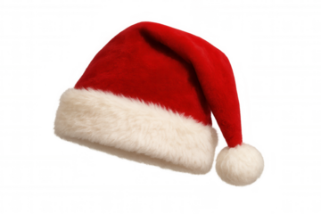 Santa claus hat with red velvet and white fur trim, symbolizing christmas holiday spirit and festive celebration