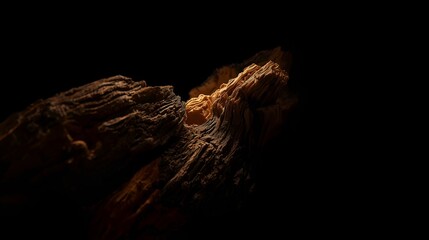 Ultra-realistic shot of oud wood fragment in warm golden light, showcasing rich textures and grain against a pure black background with cinematic shallow depth of field.