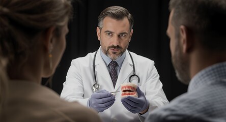 Professional medical consultation showing dental anatomy model during appointment with patients