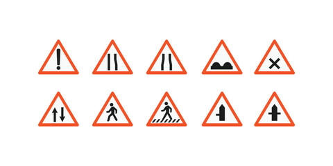 Road traffic sign collection including street road marks, caution signage, driving rules symbol set, highway direction boards, urban navigation safety icons for transportation © ShapeAlchemy