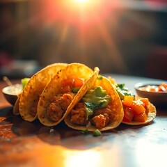 a surreal and vibrant cinematic photo of Air fryer chicken tacos dorados with golden crispy tortillas, served with a creamy green guacamole and a spicy red salsa, styled in a traditional Mexican food 