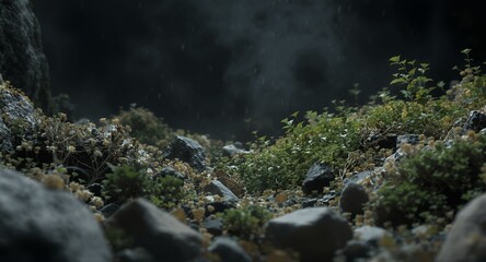 Raindrops falling on rocks and vegetation in a dark, moody landscape.