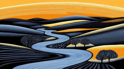 Stylized Landscape with River and Hills, Art Deco Inspired