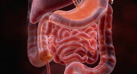 Realistic 3D Medical Illustration of the Digestive System with Intestines and Stomach
