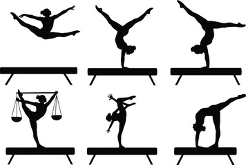 Gymnast silhouettes on balance beam, athletic poses, flexibility, strength, artistic movement, sports vector, black icons, isolated illustration, competitive gymnastics, elegant form