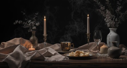 Romantic Candlelit Table Setting with Food and Drink, Soft Lighting, Elegant Decor