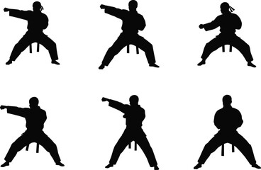 Martial arts silhouette poses, karate training stances, taekwondo movements, combat techniques, black figure illustration, self-defense vector, isolated white background