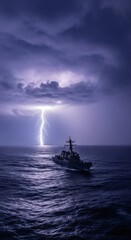 Obraz premium A naval destroyer warship sailing in a storm on rough sea with lightning and dark clouds. Military naval vessel at sea during bad weather.