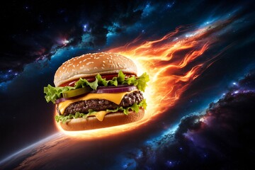 Cheeseburger flying space flames meteor trail stars nebula planet surreal fantasy background