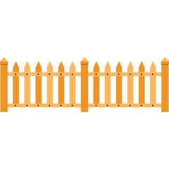 A simple wooden picket fence with pointed top posts and pickets creating a boundary in a warm orange hue isolated on a clean white background with subtle shadows enhancing its form and dimension.