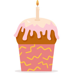 A single cupcake with pink icing and a lit candle on top sits in a decorated wrapper ready for a celebration with a simple flat design aesthetic.