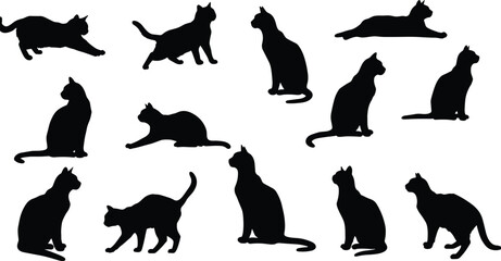Black cat silhouette collection, domestic cat poses, sitting, walking, stretching, relaxing, feline pet illustration, animal vector, isolated design