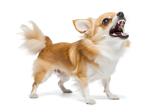 Fierce chihuahua growling protectively, showing teeth - perfect for pet care, animal behavior, or humorous content about small dogs with big attitudes