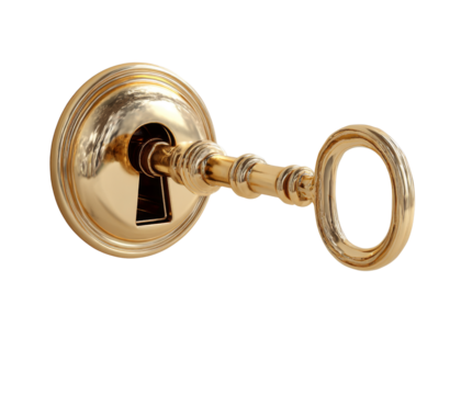 Shiny golden key with ornate design, resting against decorative keyhole, symbolizes security and access