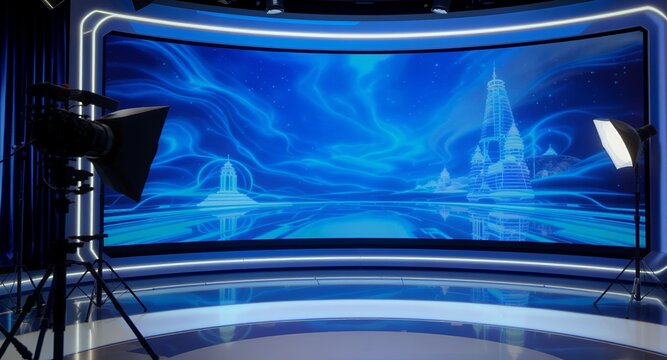 Virtual Studio with Futuristic Digital Background and Broadcasting Equipment