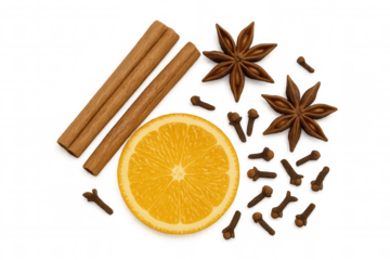 Grouping of spices and fruit for warm beverages, baking, and cooking. Transparent background for easy layering
