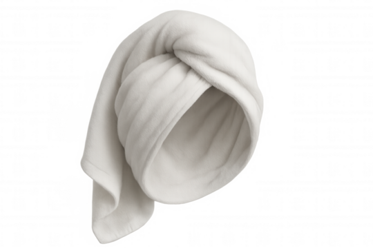 White hair towel wrap drying wet hair after bath, promoting self-care, beauty, spa, and hygiene routine
