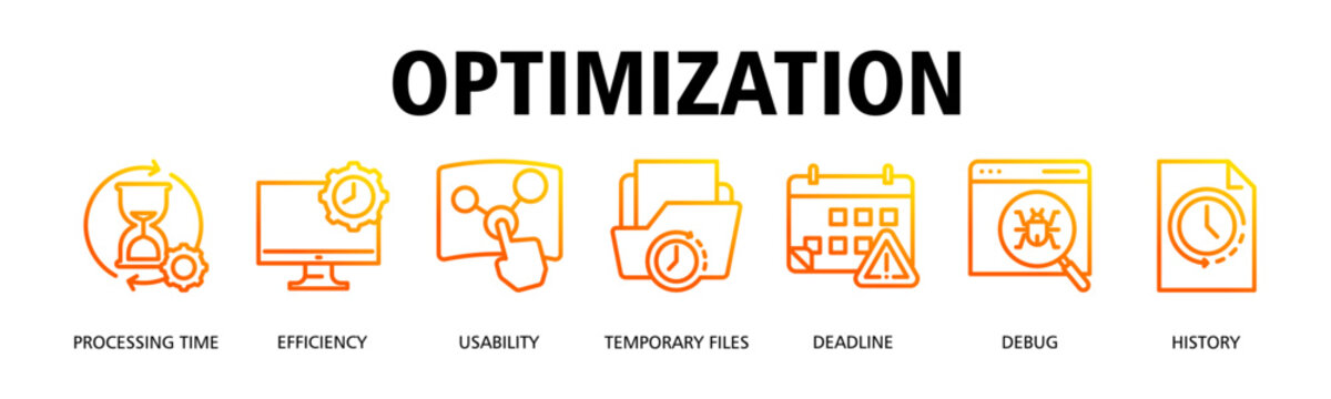 Optimization banner web icon vector illustration concept with icon of Processing Time, Efficiency, Usability, Temporary Files, Deadline, Debug, History
