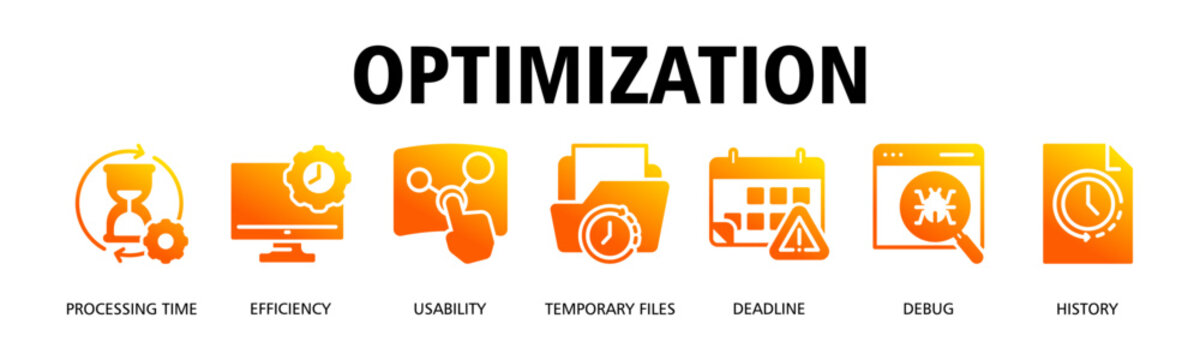 Optimization banner web icon vector illustration concept with icon of Processing Time, Efficiency, Usability, Temporary Files, Deadline, Debug, History
