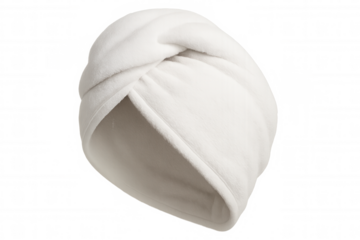 White terry cloth hair wrap for wet hair, absorbing moisture after shower, promoting self-care and beauty