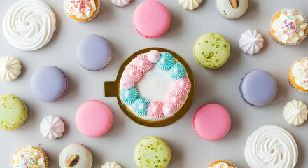 Overhead shot of a colorful assortment of macarons, meringues, and mini cupcakes decorated with pastelcolored buttercream flowers on a gray surface