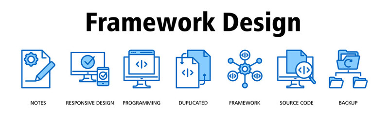 Framework Design banner web icon vector illustration concept with icon of Notes, Responsive Design, Programming, Duplicated, Framework, Source Code, Backup
