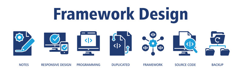 Framework Design banner web icon vector illustration concept with icon of Notes, Responsive Design, Programming, Duplicated, Framework, Source Code, Backup
