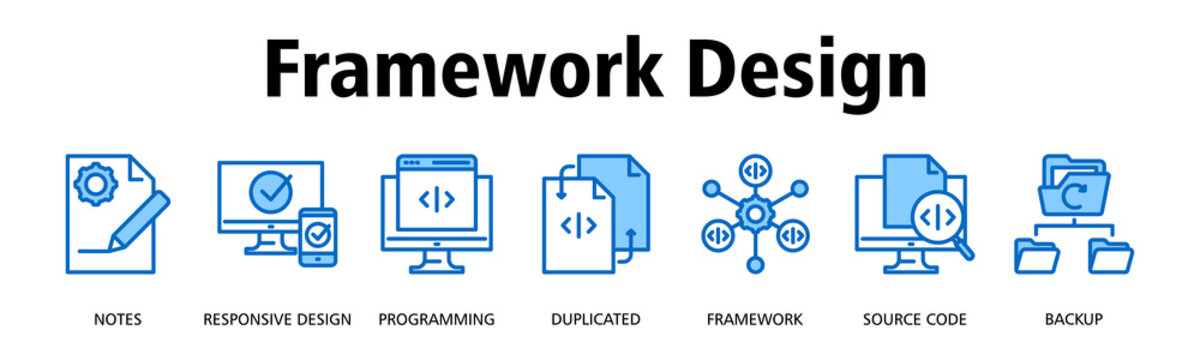 Framework Design banner web icon vector illustration concept with icon of Notes, Responsive Design, Programming, Duplicated, Framework, Source Code, Backup
