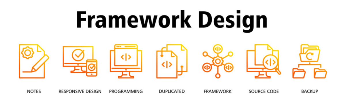 Framework Design banner web icon vector illustration concept with icon of Notes, Responsive Design, Programming, Duplicated, Framework, Source Code, Backup
