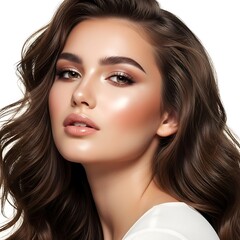 Fototapeta premium Elegant Woman with Glamorous Makeup and Wavy Hair in Studio.