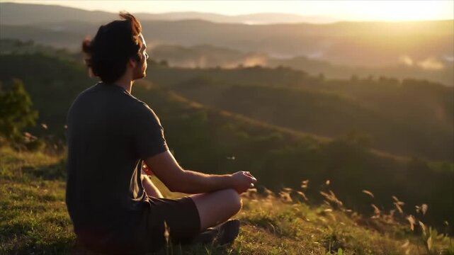 Serene Contemplation A Man Meditates on a Hilltop at Sunset, Embracing Nature's Beauty