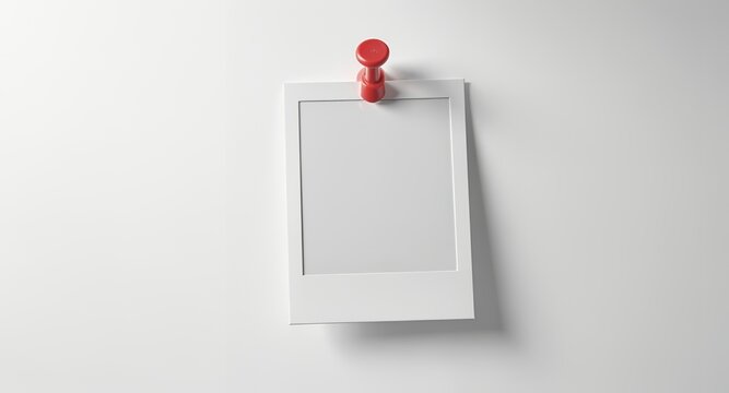 Blank picture frame with a red push pin on a white background