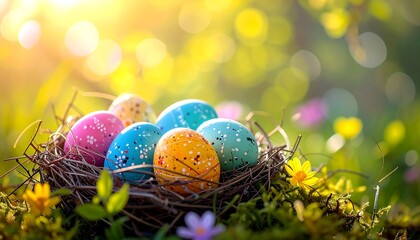 A colorful nest with speckled Easter eggs in a sunny garden setting