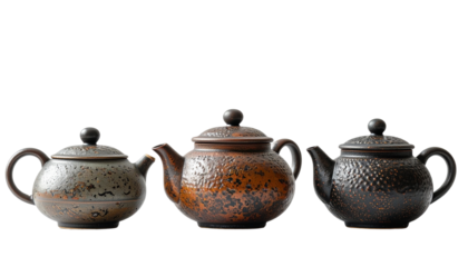 Pair of Traditional Oriental Style Textured Ceramic Teapots