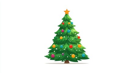 A Christmas tree, festive element, flat vector design, bright green with colorful baubles, isolated on white background.