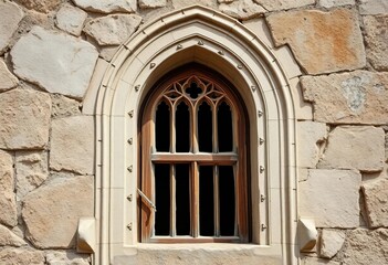 Close-up of weathered ancient arched window, intricate stonework details,   building material,  facade