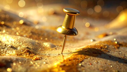 A golden tack pinned to a textured, shimmering surface with bokeh