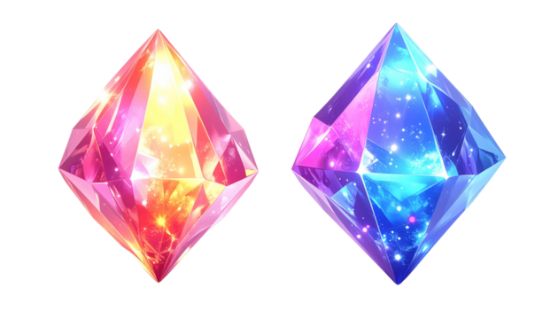 Two Cosmic Prism Crystals or Gems Glowing with Nebula and Galaxy Colors