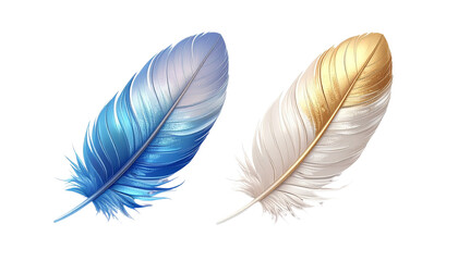 Two Fantasy Feathers in Light Blue and Golden White for Writing, Magic or Decoration