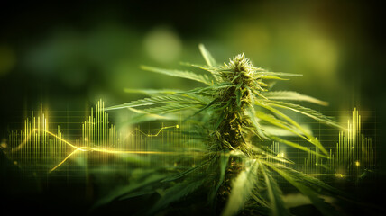 Cannabis plant with financial analytics overlay illustrating market growth investment trends and agribusiness data driven strategy