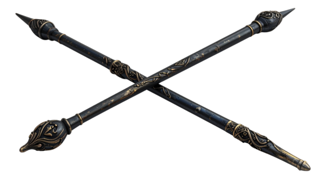 Crossed Medieval Fantasy Wooden Staffs or Magic Wands with Leather Texture
