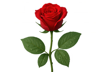 Fototapeta premium Red rose showcasing velvet petals and fresh green leaves, accented with clear dew drops, symbolizing romantic love and beauty. Transparent background