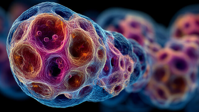 Multicellular organoid with hollow chambers illustrating coordinated growth and metabolic exchange, representing regenerative medicine and the concept of engineered living systems.
