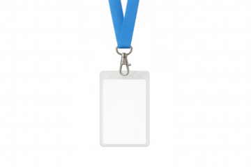 Blank identity card holder with blue lanyard and metal clasp, a secure name tag mock-up on transparent background