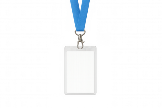 Blank identity card holder with blue lanyard and metal clasp, a secure name tag mock-up on transparent background